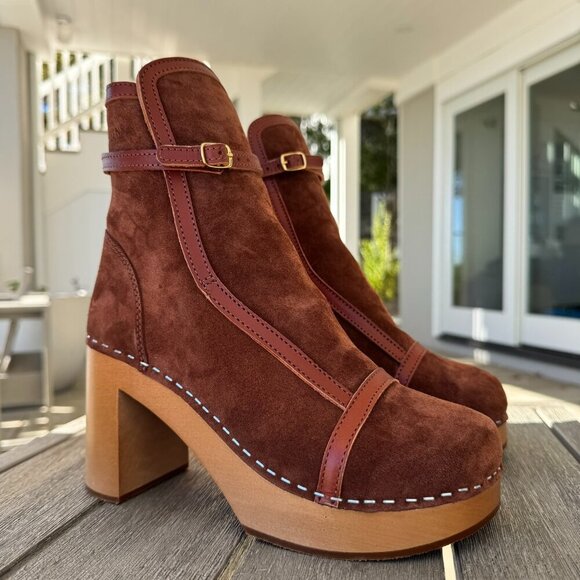 New Swedish Hasbeens Sophisticated Jodhpur Suede Clog Boots Brown EUR 39